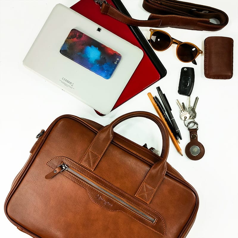 Leatherette Organizer Laptop Bag with Strap and Zippers